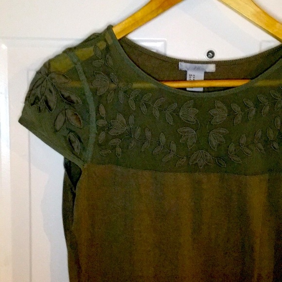 H&M Olive Green Mesh Embroidered Leaves Cap Sleeve Top Army Green Blouse Lace - Picture 1 of 7